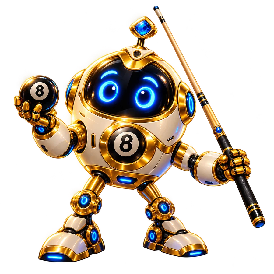 8 Ball Universe mascot holding an 8-ball