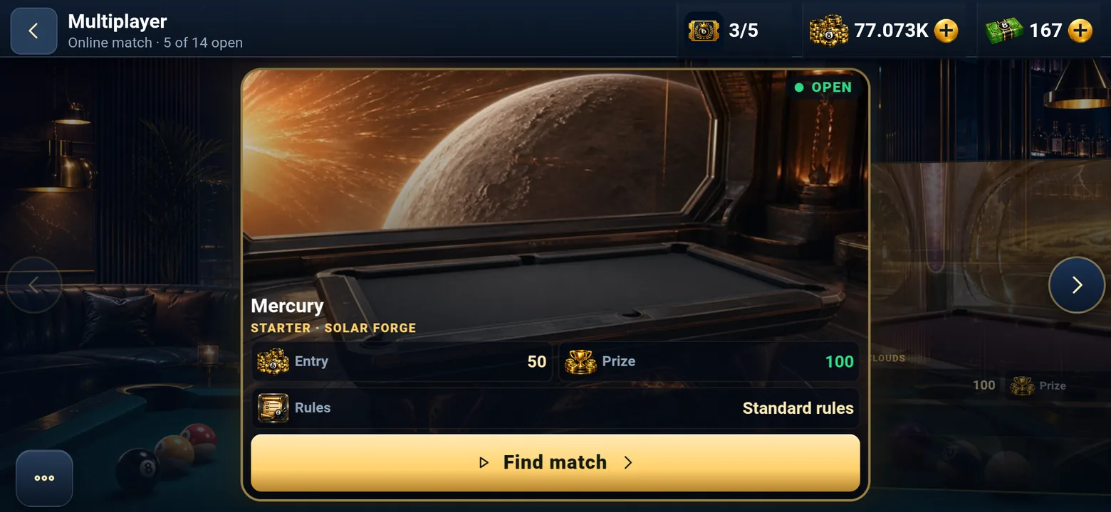 Planetary multiplayer room selection in 8 Ball Universe