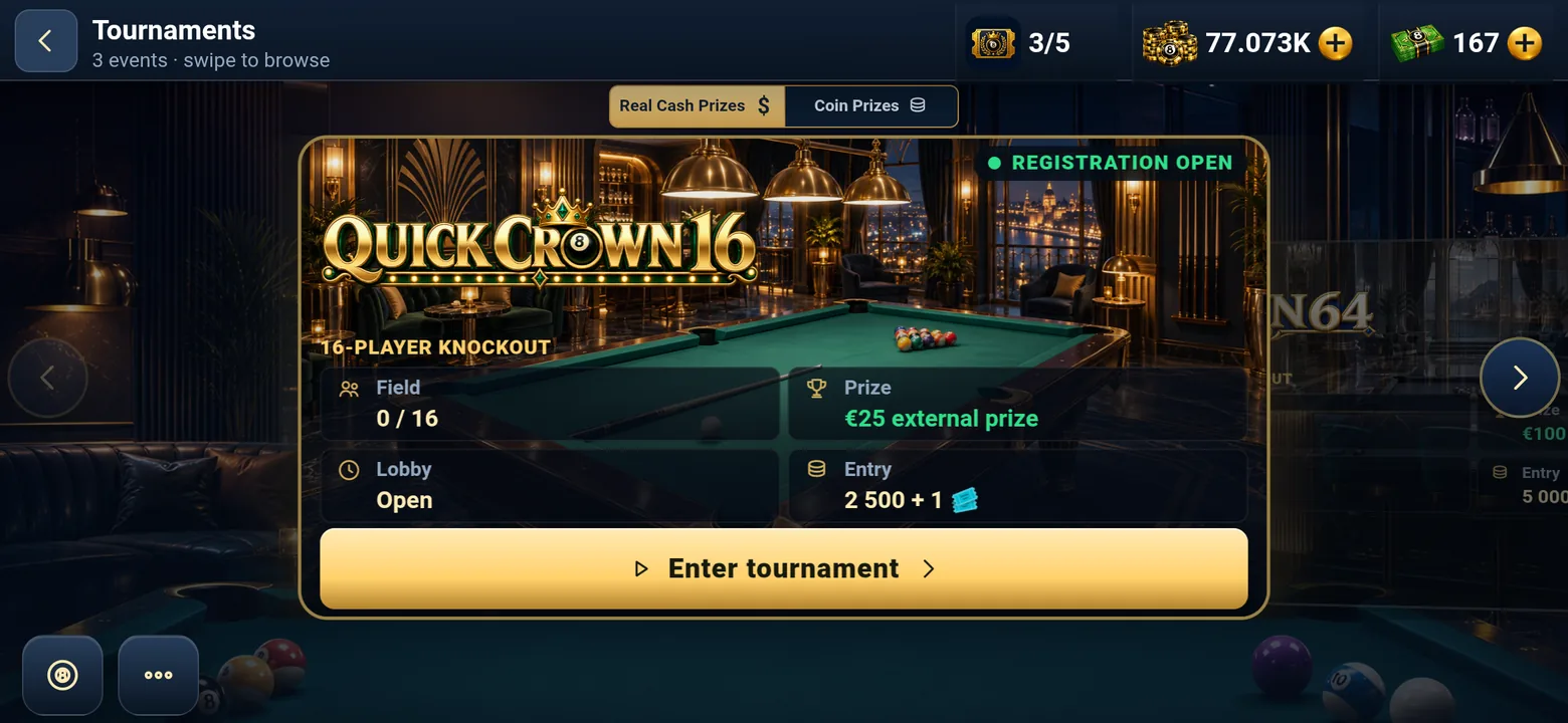 Tournament selection and competition information in 8 Ball Universe